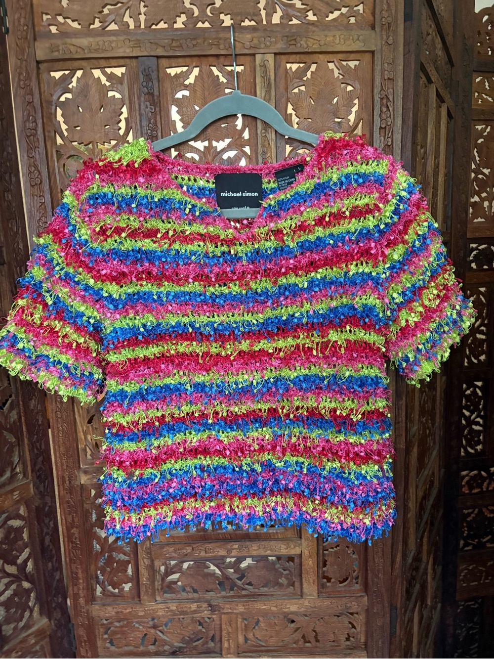 Rare Vintage Michael Simon Confetti Knit short sleeve Top | Size L rainbow knit